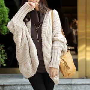 Beige Lady Loose Warm Sweater Coat Wool Knit..