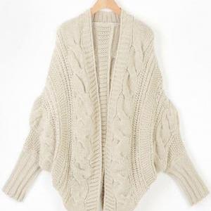 Beige Lady Loose Warm Sweater Coat Wool Knit..
