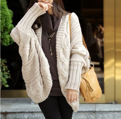 Beige Lady Loose Warm Sweater Coat Wool Knit Cardigan Batwing Outwear