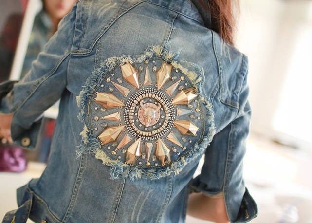 2014 Fashion Women Blue Jeans Jacket Autumn Embroidery Long Sleeves Plus Size