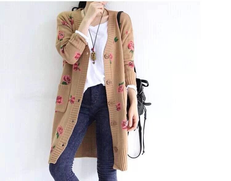 Woman's Sweater European-style Fashion Rose Printing Long Sleeve Autumn Knit Cardigans Long Sweater Coat