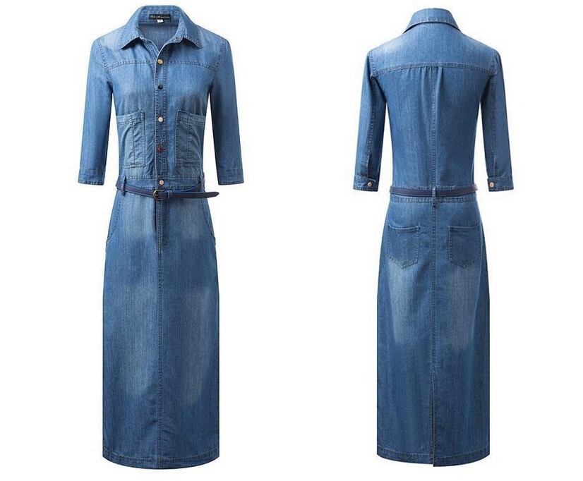 European And American Big 2014 Autumn Ladies Lapel Long Sleeve Denim Section Package Hip Dress With Belt